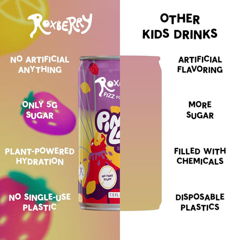 5g 7.5oz (4 Pack) Roxberry Low Sugar Soda for Kids Strawberry Lemonade, Sugar, No Artificial Anything Plant-Powered