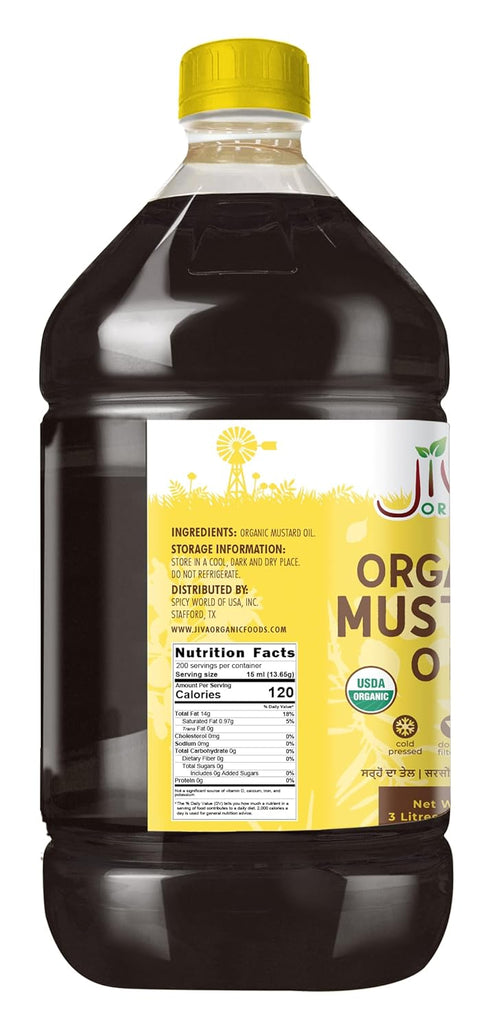 3 (101 Oz) Jiva Organics Organic Mustard Oil Liter Bottle Fl - Non-GMO, Premium, Cold Pressed