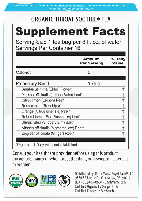 Throat Soothie Tea with Elderflower for Immune Support - 16-Count, Safe for Kids & During Pregnancy