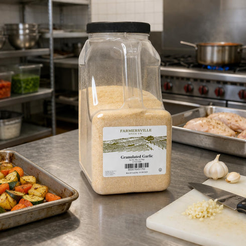5 lb Commercial Farmersville Spice Co. Granulated Garlic, Handle Jug, Kosher Spice for Kitchens