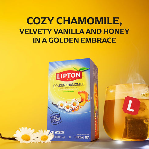 20 Lipton Golden Chamomile with Honey and Vanilla Tea Bags, caffeine free Tea, Herbal Tea, Individually Wrapped, Tea