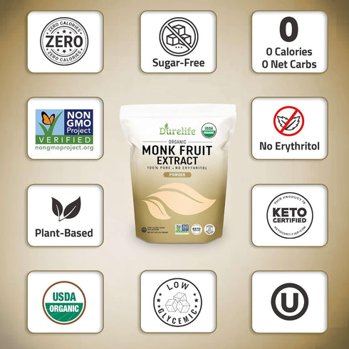 100% 10 OZ Durelife Organic Pure Monk Fruit sweetener, No Erythritol, Monkfruit Extract Powder, USDA organic NON-GMO