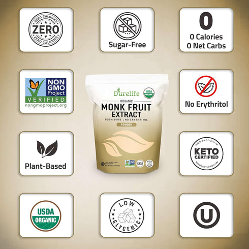 100% 5 OZ Durelife Organic Pure Monk Fruit sweetener, No Erythritol, Monkfruit Extract Powder, USDA organic NON-GMO