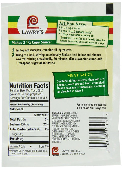 Lawry's Spaghetti Sauce Spice & Seasonings - Original Style, 1.5-Ounce Packets (5 Pack)