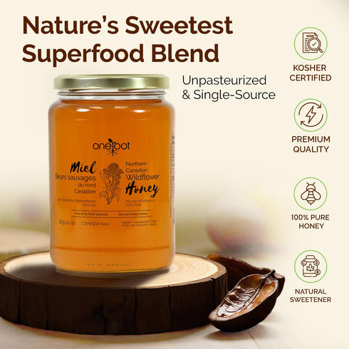 2.2 lbs 1kg, OneRoot Natural Wildflower Honey - / Pure Canadian Boreal Forest Honey - Unpasteurized, Minimally Filtered