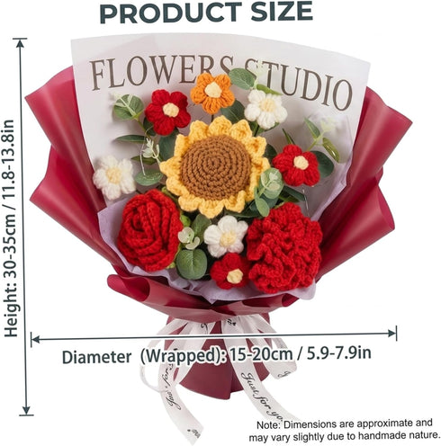 Uanqfegy Knitted Crochet Flower Bouquet Purple Long-Lasting Roses & Tulips for Birthday Mother Teacher Home Decor, Red