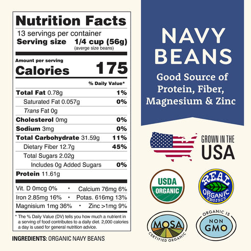 1 lb Organic Navy Beans - Non-GMO, USDA Organic, Tested Clean Certified, Vegan - Rich in Fiber & Protein for Soups