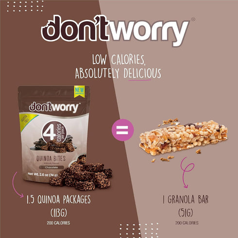 4 6 Pack) Don't Worry Chocolate Quinoa Bites - Low Calorie Snacks, Only Calories per Piece!, Healthy Chocolate Granola