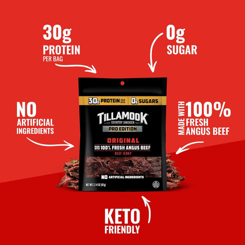 Country 2.14 Oz, Tillamook Beef Jerky, Smoker PRO Edition, Zero Sugar, Original, Real Hardwood Smoked Fresh Angus Beef