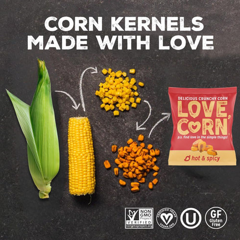 0.7oz 20 LOVE CORN Hot & Spicy Crunchy Roasted Corn Snack, Gluten Free, Non-GMO, Vegan, Kosher Lunchbox, Office