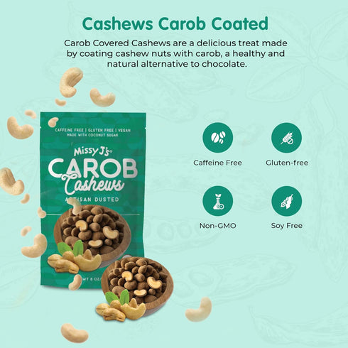 8 Oz, Missy J's Organic Carob Covered Cashews Vegan Gluten Free, Substitute for Chocolate, Perfect for Snacks
