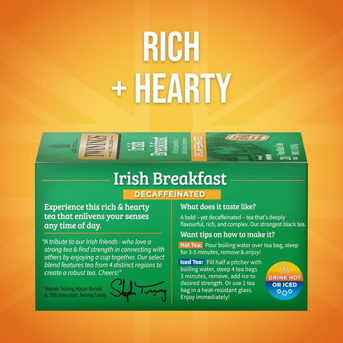 20 Count (Pack 1), 20 Twinings Decaffeinated Irish Breakfast Black Tea Individually Wrapped Bags, of Flavourful