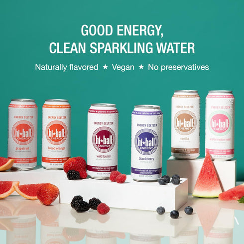 B12 B6,Sugar 16 Oz,Blackberry,(Pack 16) Hiball Clean Energy Seltzer Water,Caffeinated Sparkling Water Made with Vitamin