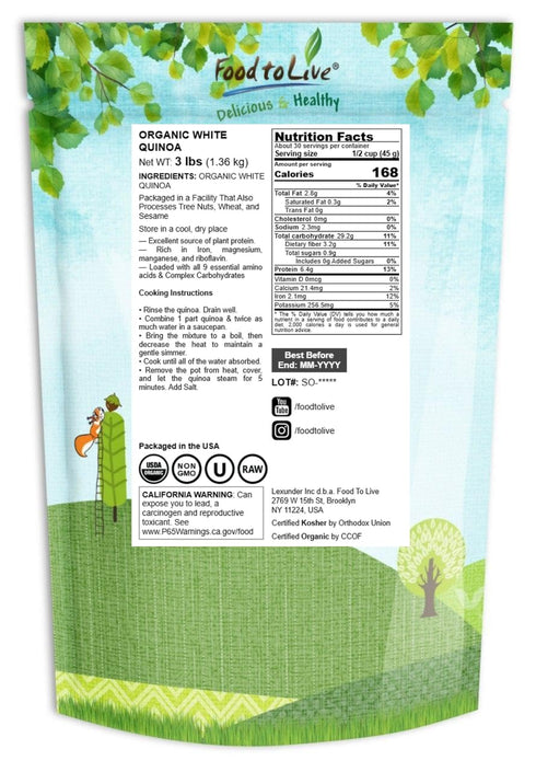 3 Food to Live - Organic White Quinoa, Pounds Whole Grain, Non-GMO, Kosher, Raw, Vegan, Sirtfood, Bulk