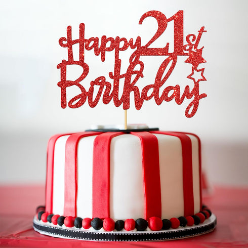 Red Glitter Happy 21st Birthday Cake Topper - 21Sign Cake Topper, Cheers to 21 Years Party Supplies