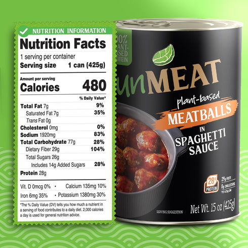 Pack 6 unMEAT Meatballs in Spaghetti Sauce, Plant Based Vegan Meatballs, Ready to Eat Microwave Meals, Canned