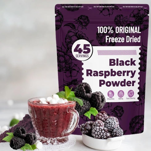 6.35oz (180g) Freeze Dried Black Raspberry Powder - No Added Sugar, Resealable Pouch, Rich Berry Flavor for Smoothies