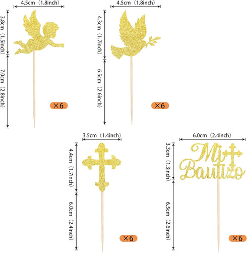 24 Pack Spanish Mi Bautizo Cupcake Toppers, Glitter Cross Angel Dove Picks for Religious Baby Shower Birthday Party