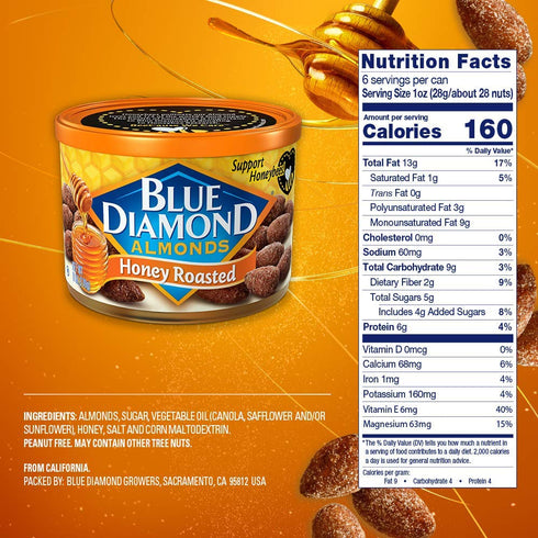 6 oz. Blue Diamond Almonds, Sweet Honey Roasted Classic Flavor, GMO Free, Kosher, No Gluten Ingredients or Artificial
