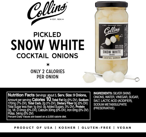 8.3 oz Collins Gourmet Snow White Cocktail Onion, Pickled Onion Jar for Cocktails, Bloody Mary Ingredients, Meat