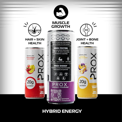 20g 200mg 90 12 Pack PROX Hybrid Energy Drink with Protein, Zero Sugar, Natural Caffeine, Calories, (Mixed Berry)