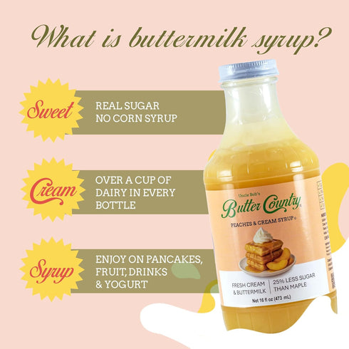 Country 16 oz Butter Rich & Creamy Peach Syrup for Pancakes and Waffles, All Natural Fruity Topping Use on Drinks