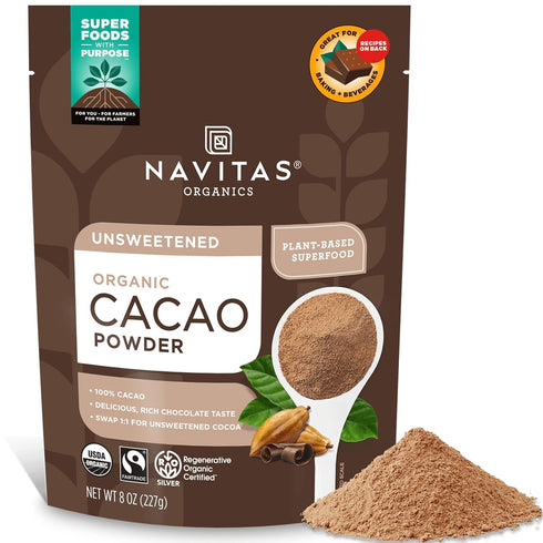 Navitas Organics Cacao Powder - 1:1 Cocoa Powder Substitute for Baking, Hot Chocolate & More - 8oz Bag, 38 Servings