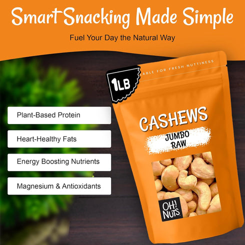 1 lb 100% Oh! Nuts Jumbo Raw Cashew - Whole Unsalted Cashews - Bulk Bag - Natural - Raw Cashews for Snacking & Baking