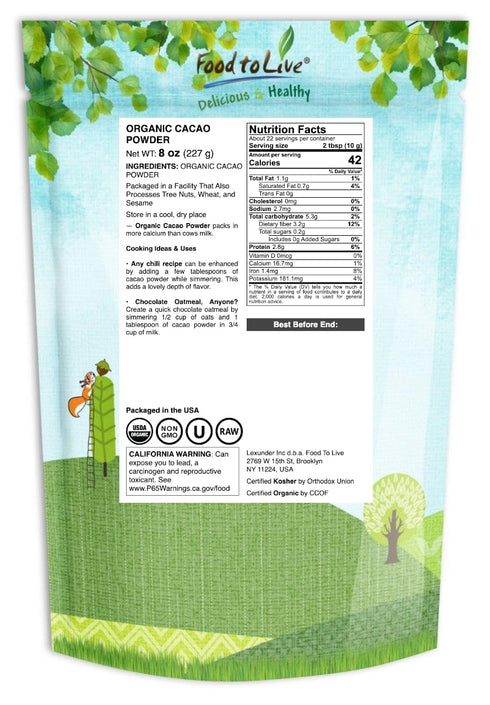 8 Food to Live Organic Cacao Powder, Ounces Certified, Non-GMO, Kosher, Unsweetened, Sirtfood, Bulk
