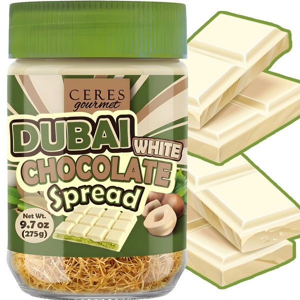 Dubai Spreadable White Chocolate Pistachio Spread with Roasted Phyllo, Gourmet Breakfast Chocolate