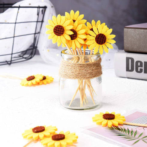 60 Pieces Sunflower Cupcake Toppers, Yellow Flower Cake Picks for Wedding Party Supplies