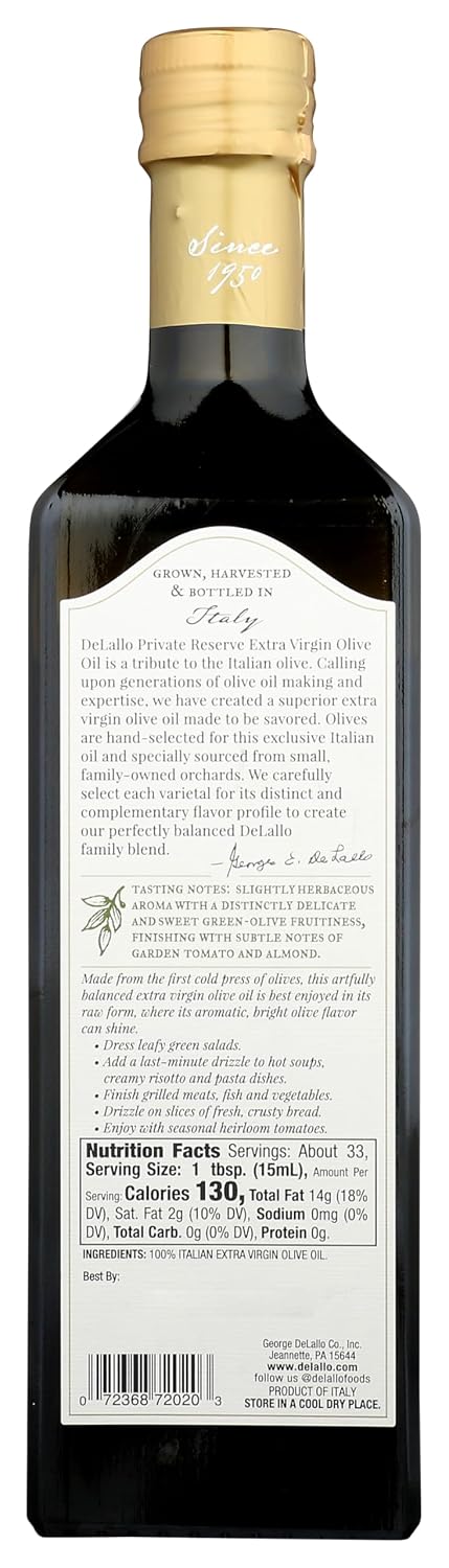 100% 16.9 Oz Delallo, Olive Oil Italian Rivate Riserva Extra Virgin, Fl