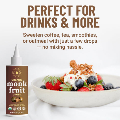100% 2 oz Organic Monk Fruit Liquid Sweetener Drops, Pure Extract, Zero Sugar & No Erythritol, Original Flavor Liquid