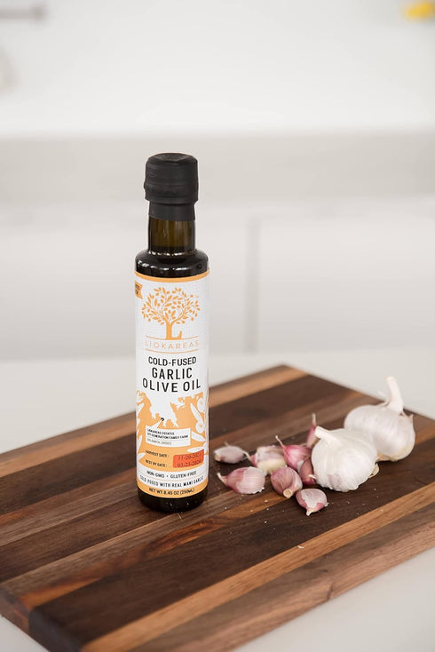 2022 Liokareas Garlic Olive Oil - Greek - Organic - NonGMO - Gluten Free - Paleo - Keto - Single Sourced - First