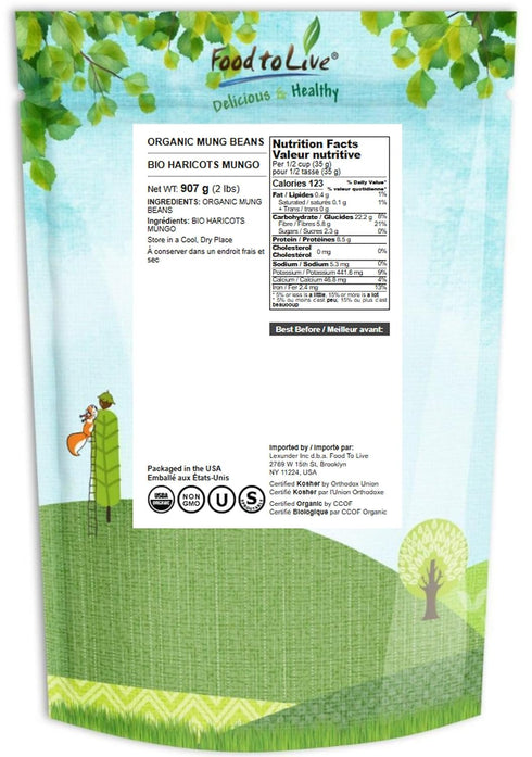 2 Food to Live Organic Mung Beans, Pounds Non-GMO, Whole Dried Beans, Green Gram, Sproutable, Kosher, Sirtfood. Good