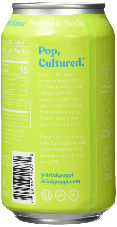 12 Oz (Pack 12) Poppi Ginger Lime Prebiotic Soda, Fl