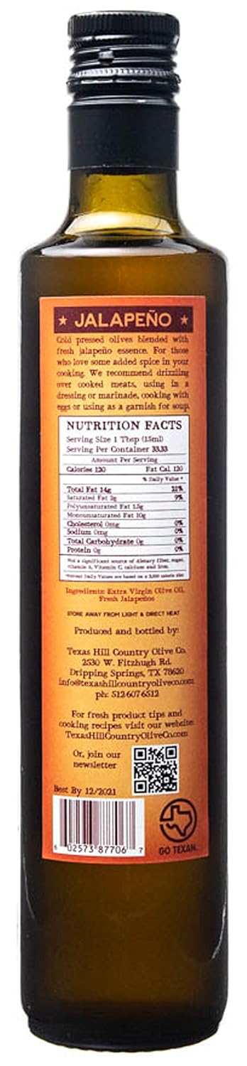 Country (16.9 oz) Texas Hill Olive Co Jalapeno Infused Olive Oil - Cold Pressed Gourmet EVOO Olive Oil - Great