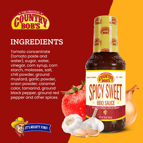 Country 18 oz (Pack 2) Bob's Spicy Sweet BBQ Sauce, Slightly Sweet with Bold Heat, Flavorful Hot for Grilling, Made