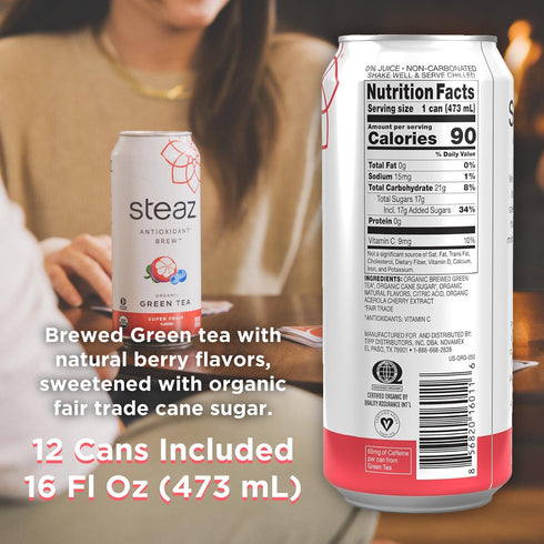 (12 Pack) 65mg 90 12 16 oz (473mL) Steaz - Organic Green Tea - Superfruit - Antioxidant Brew - Natural Caffeine