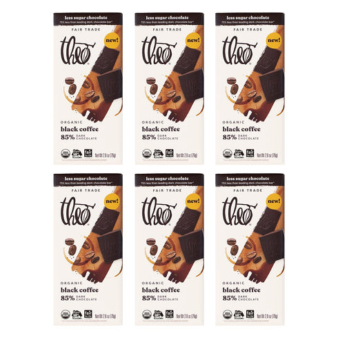 Theo Chocolate Black Coffee, Organic Dark Chocolate Bar, 85% Cacao, 6 Pack