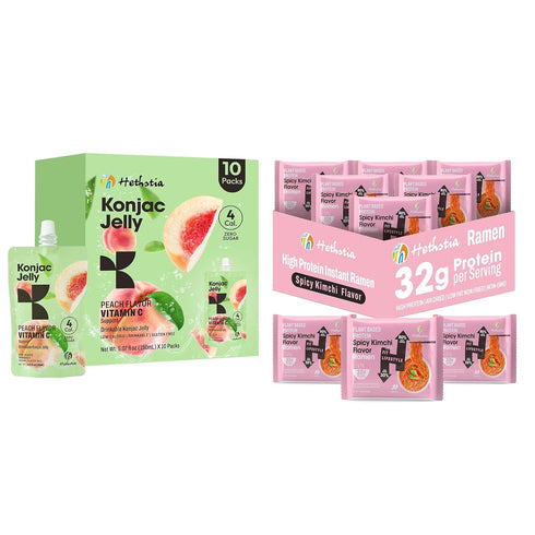 Hethstia Spicy Kimchi Protein Ramen 6-Pack and Konjac Jelly Peach Flavor Drinkable