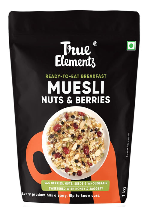 True Elements Breakfast Cereal Muesli, 1kg - Nuts and Berries, High Fiber