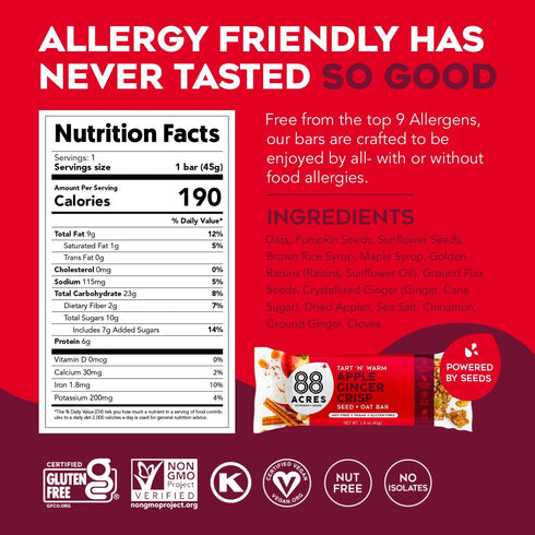 88 12 Count, Acres Granola Bars, Apple Ginger Crisp, School Safe, Allergen Free Seed & Oat Snack Bar, Gluten & Nut