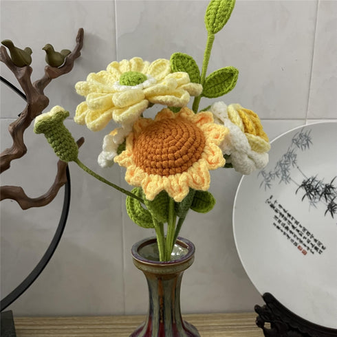 Completed Crochet Flowers Bouquet,Handmade Artificial Flowers Bouquet,Crochet Knitted Gerbera for Thanksgiving Mother's