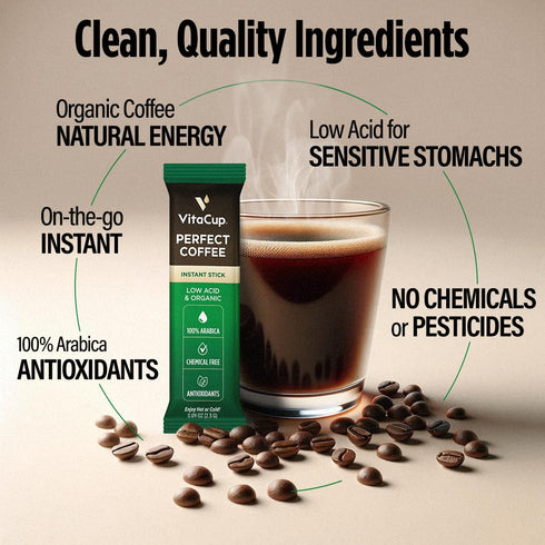 Packets, 24 VitaCup Perfect Low Acid Instant Coffee Dark Roast Coffee, USDA Organic & Fair Trade, Third Party Tested