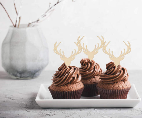Wooden Deer Cupcake Toppers, Antler Cake Picks, Rustic Country Party Decoration Supplies, 24 Counts