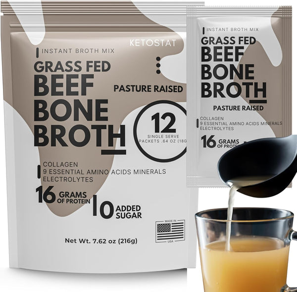 Ketostat Bone Broth Protein Powder Packets, Grass-Fed Beef (12 Pack, 18g) -