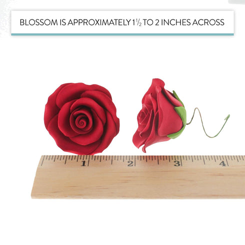 (12 Count, 1.5 Inch) Sugar Roses Medium Wired Gum Paste Flowers with Calyx, Red Roses for Cake Decorating, by Global