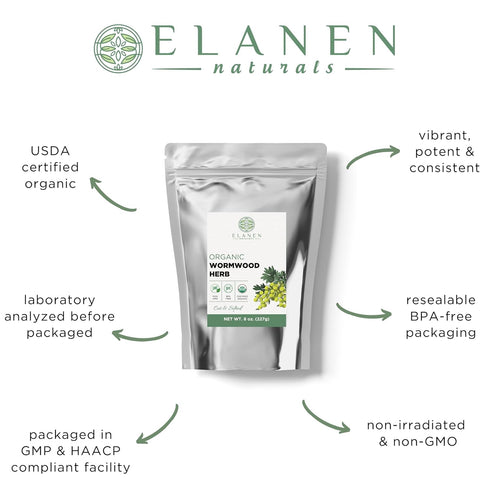 Elanen Naturals Organic Wormwood Herb 8 oz. (227g), USDA Certified Organic Artemisia absinthium, Cut & Sifted Wormwood