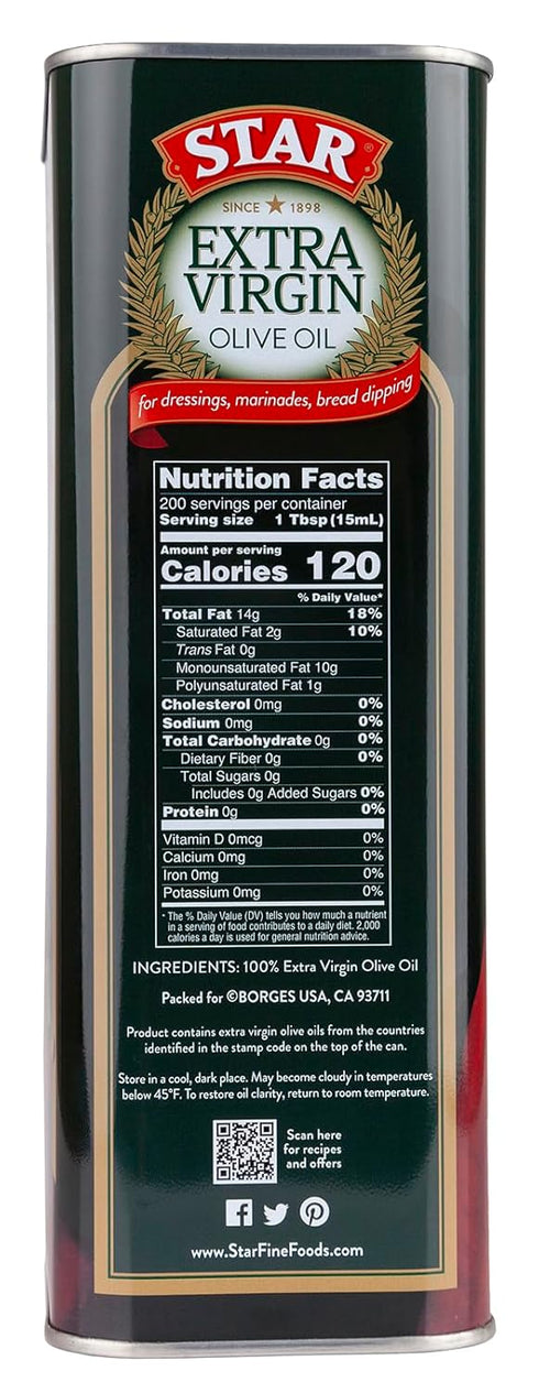 101 Oz (3 STAR | Extra Virgin Olive Oil | L) Tin | Rich Olive Flavor | Ideal for Family Cooking and Daily Use